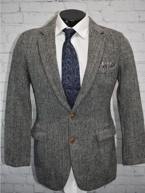 Harris Tweed Blazer Mens Size 38 S Gray Herringbone Wool Two Button Sport Coat